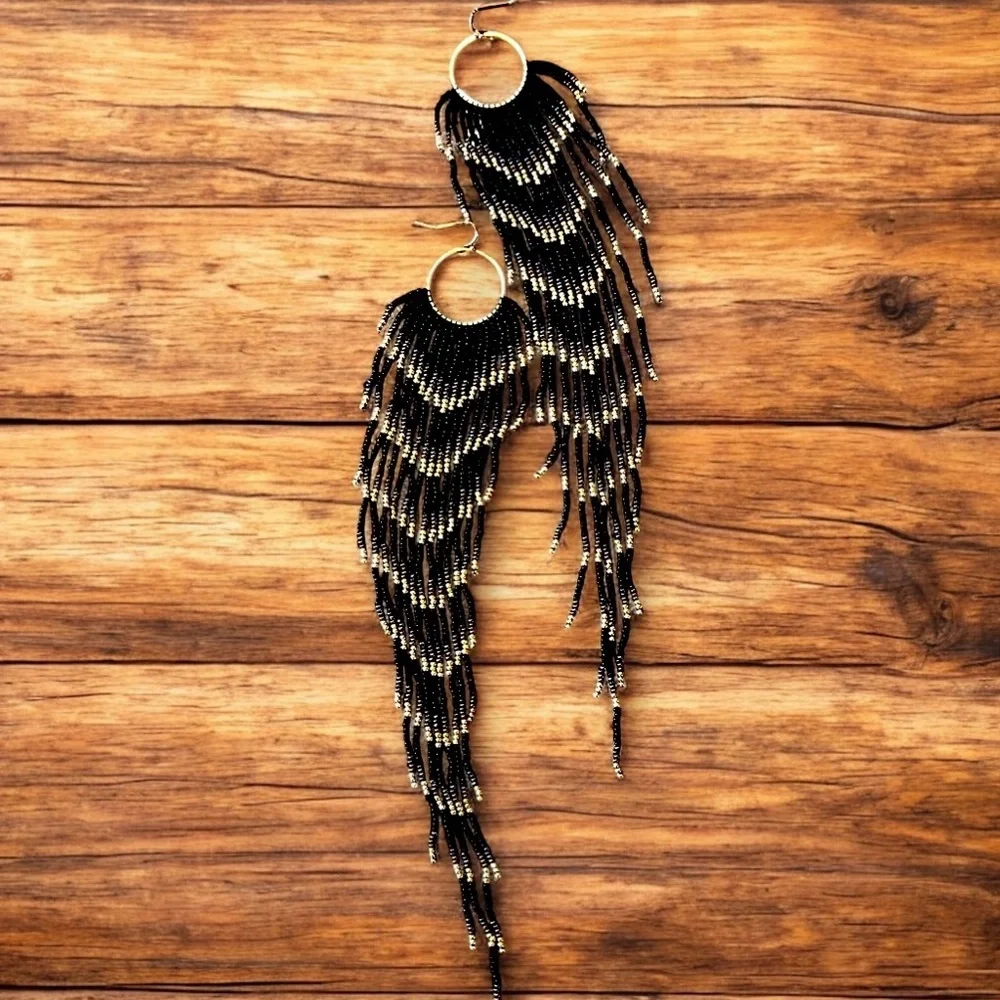 Black and Gold Glass Beaded Chandelier Earrings with Cascading Feather Design